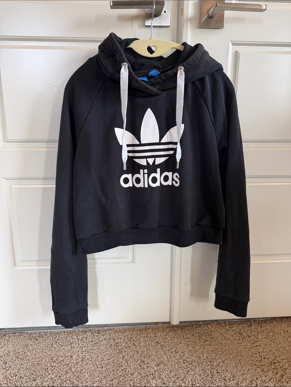adidas Black Cropped Trefoil Hoodie with White Logo